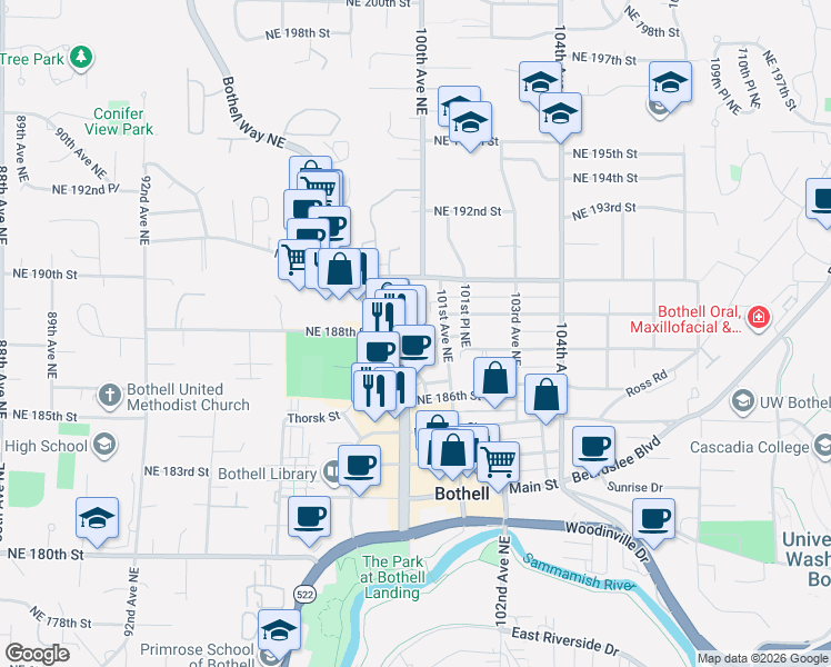 map of restaurants, bars, coffee shops, grocery stores, and more near 18805 99th Court Northeast in Bothell