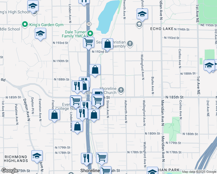 map of restaurants, bars, coffee shops, grocery stores, and more near 18531 Stone Avenue North in Shoreline