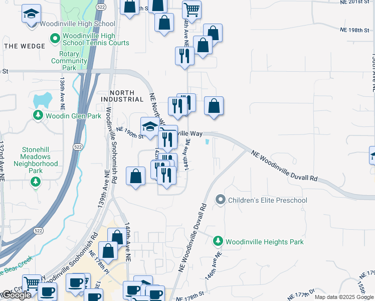 map of restaurants, bars, coffee shops, grocery stores, and more near 18834 144th Avenue Northeast in Woodinville