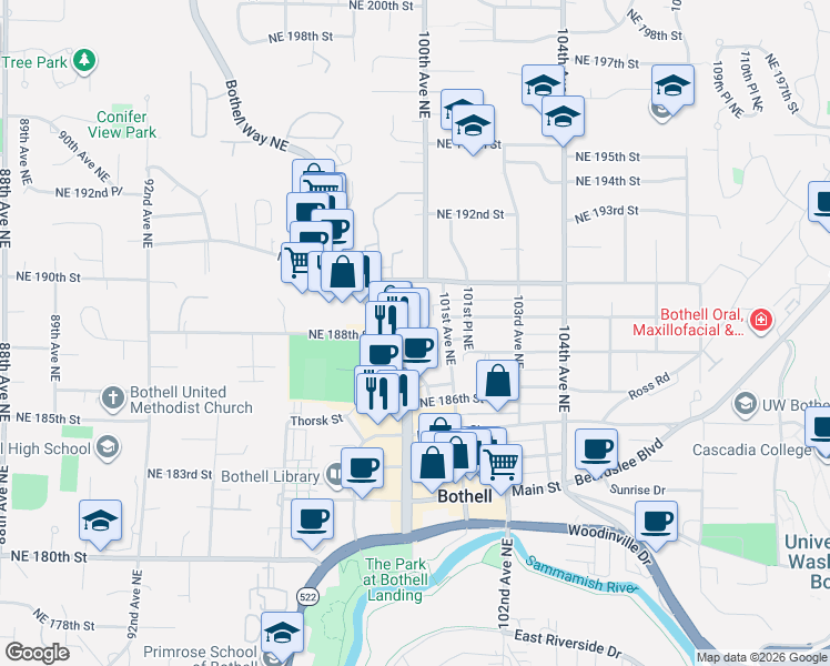 map of restaurants, bars, coffee shops, grocery stores, and more near 18805 99th Court Northeast in Bothell
