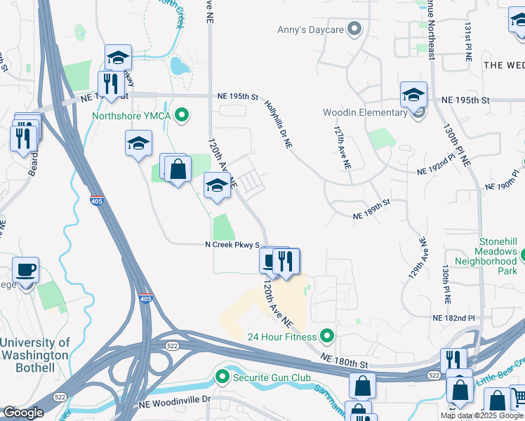 map of restaurants, bars, coffee shops, grocery stores, and more near 18800-18830 120th Avenue Northeast in Bothell