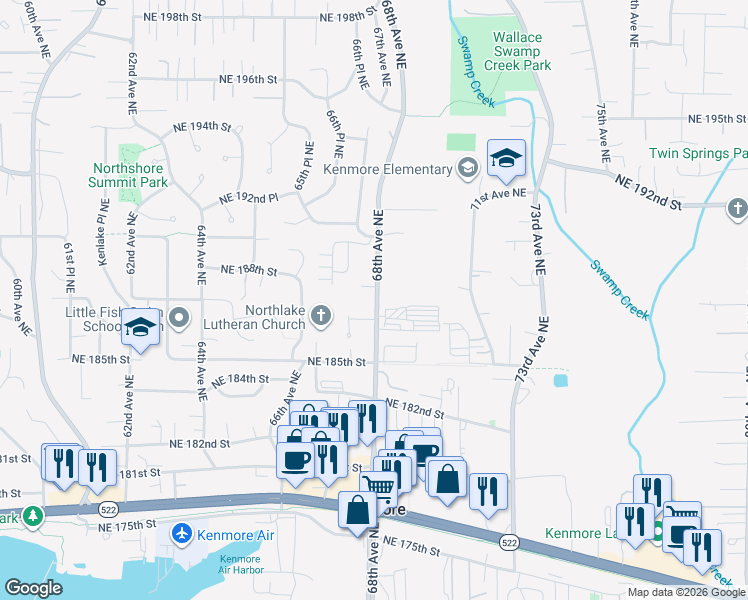 map of restaurants, bars, coffee shops, grocery stores, and more near 18725 68th Avenue Northeast in Kenmore