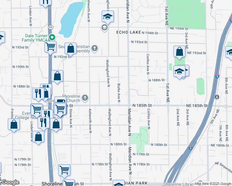 map of restaurants, bars, coffee shops, grocery stores, and more near 18541 Burke Avenue North in Shoreline