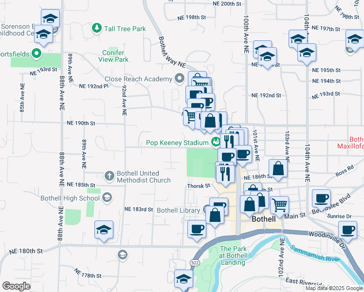map of restaurants, bars, coffee shops, grocery stores, and more near 9532 Northeast 188th Street in Bothell