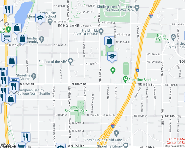map of restaurants, bars, coffee shops, grocery stores, and more near 2332 North 186th Street in Shoreline