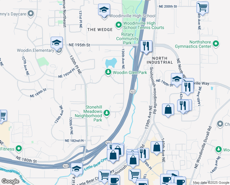 map of restaurants, bars, coffee shops, grocery stores, and more near 13532 Northeast 188th Place in Woodinville