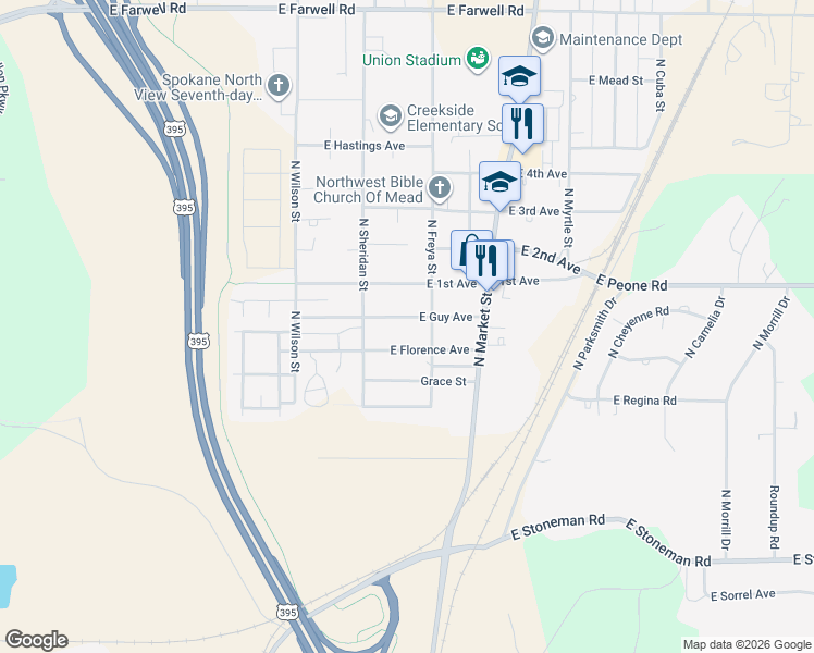 map of restaurants, bars, coffee shops, grocery stores, and more near 3606 East Guy Avenue in Mead