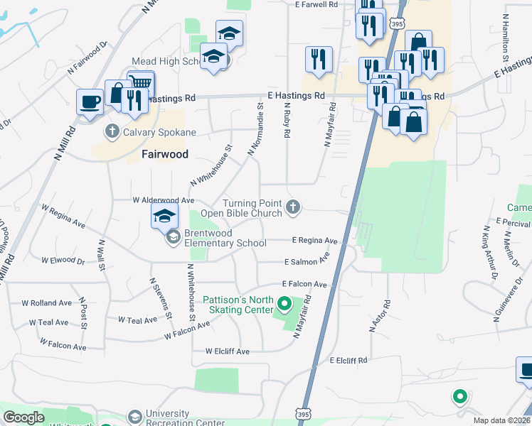 map of restaurants, bars, coffee shops, grocery stores, and more near 11804 North Atlantic Street in Spokane