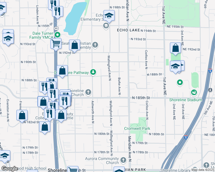 map of restaurants, bars, coffee shops, grocery stores, and more near 18541 Wallingford Avenue North in Shoreline