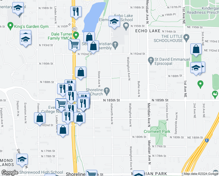 map of restaurants, bars, coffee shops, grocery stores, and more near 18541 Ashworth Avenue North in Shoreline