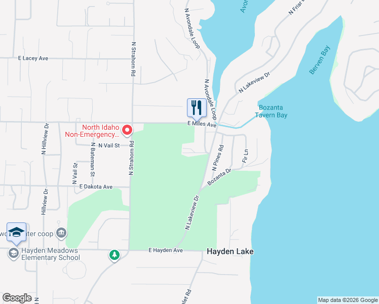 map of restaurants, bars, coffee shops, grocery stores, and more near 1680 East Club Lane in Hayden Lake