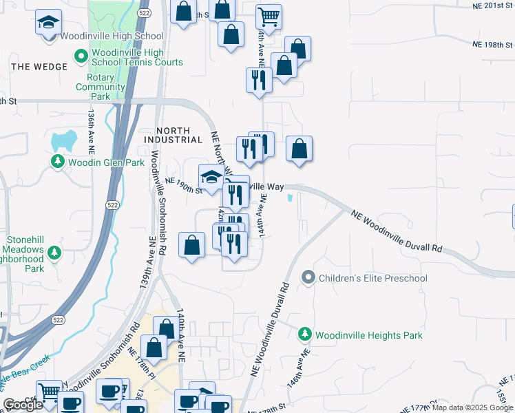 map of restaurants, bars, coffee shops, grocery stores, and more near 18835 144th Avenue Northeast in Woodinville