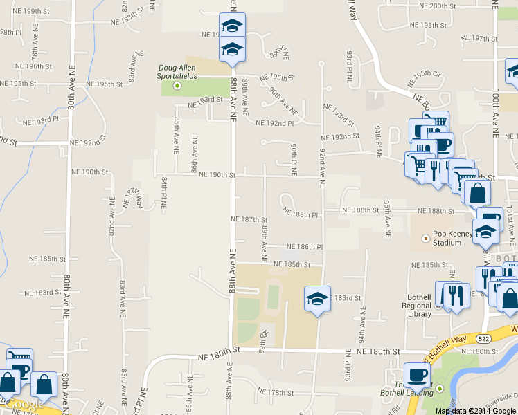 map of restaurants, bars, coffee shops, grocery stores, and more near 18803 89th Ave NE in Bothell
