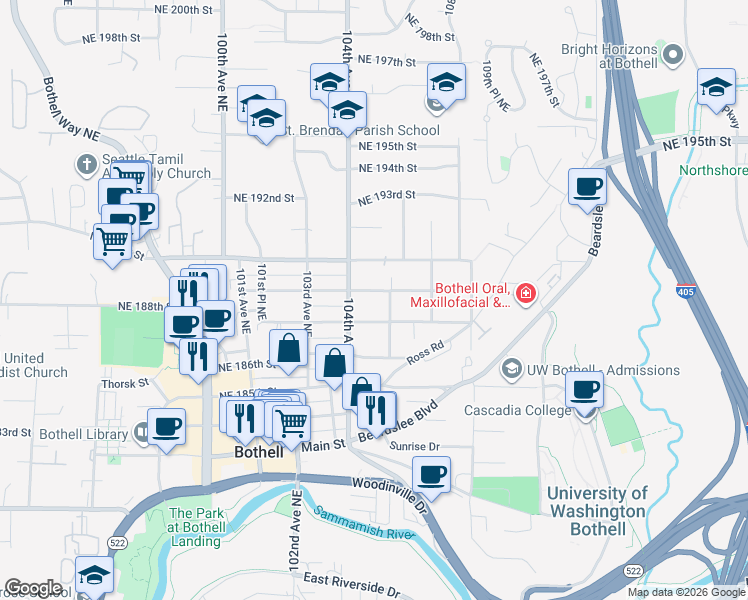 map of restaurants, bars, coffee shops, grocery stores, and more near 10425 NE 189th St in Bothell