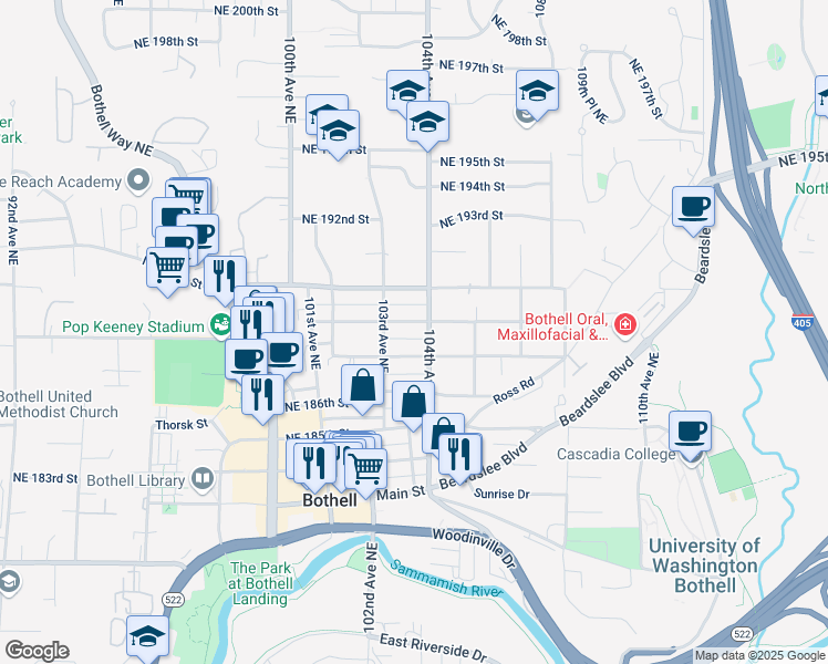 map of restaurants, bars, coffee shops, grocery stores, and more near 10325 Northeast 189th Street in Bothell