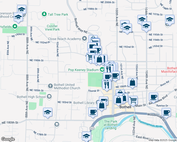 map of restaurants, bars, coffee shops, grocery stores, and more near 9532 Northeast 188th Street in Bothell