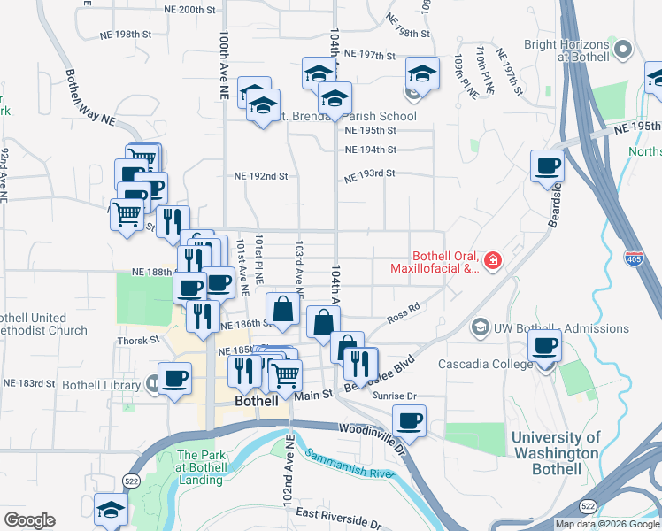 map of restaurants, bars, coffee shops, grocery stores, and more near 10325 Northeast 189th Street in Bothell