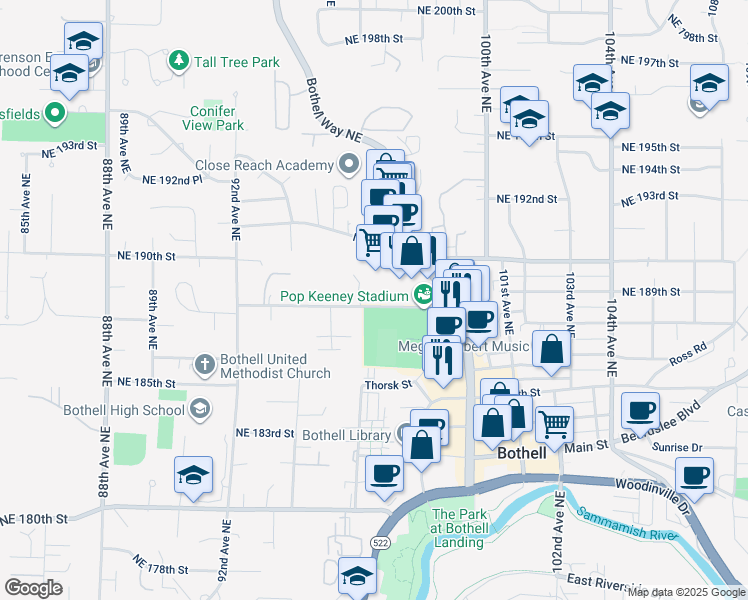 map of restaurants, bars, coffee shops, grocery stores, and more near 9532 Northeast 188th Street in Bothell
