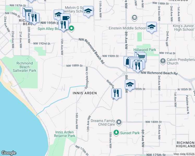 map of restaurants, bars, coffee shops, grocery stores, and more near 18757 Ridgefield Road Northwest in Shoreline