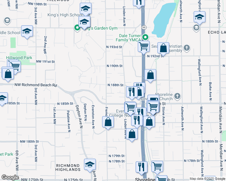 map of restaurants, bars, coffee shops, grocery stores, and more near 18546 Fremont Avenue North in Shoreline