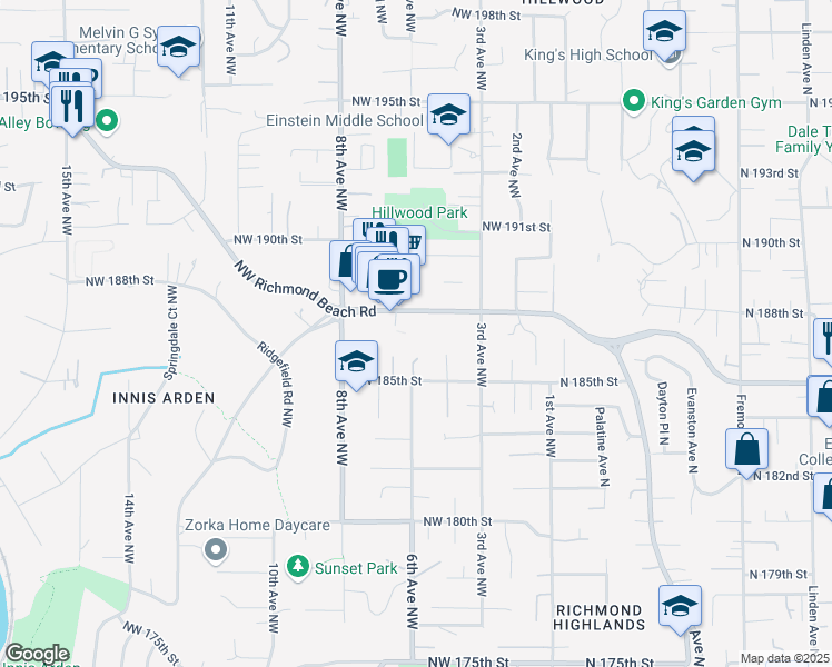 map of restaurants, bars, coffee shops, grocery stores, and more near 357 Northwest Richmond Beach Road in Seattle