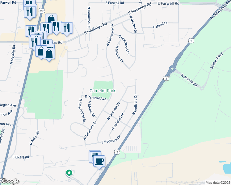 map of restaurants, bars, coffee shops, grocery stores, and more near 11726 North Guinevere Drive in Spokane