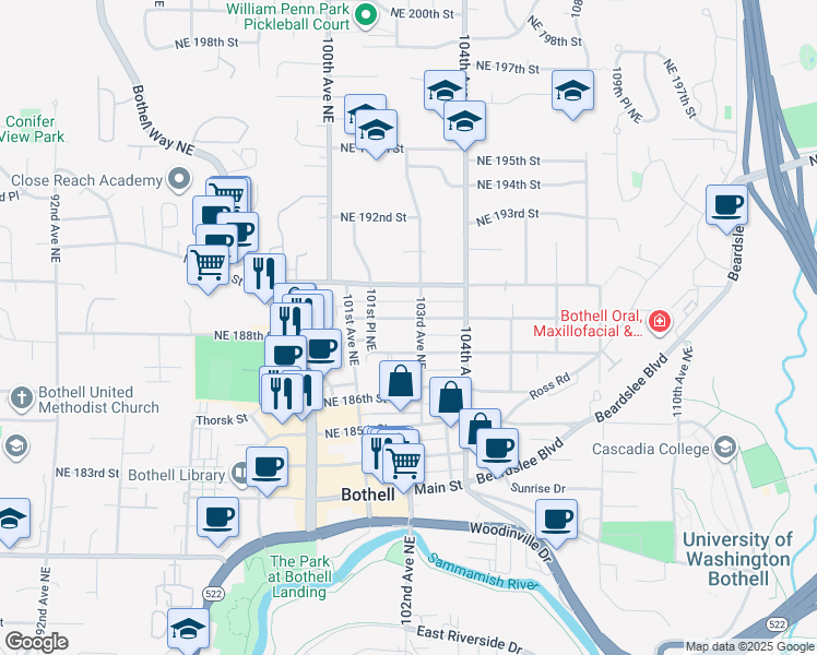 map of restaurants, bars, coffee shops, grocery stores, and more near 10295 Northeast 189th Street in Bothell
