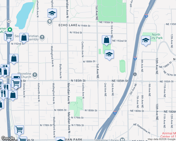 map of restaurants, bars, coffee shops, grocery stores, and more near 2322 North 186th Street in Shoreline