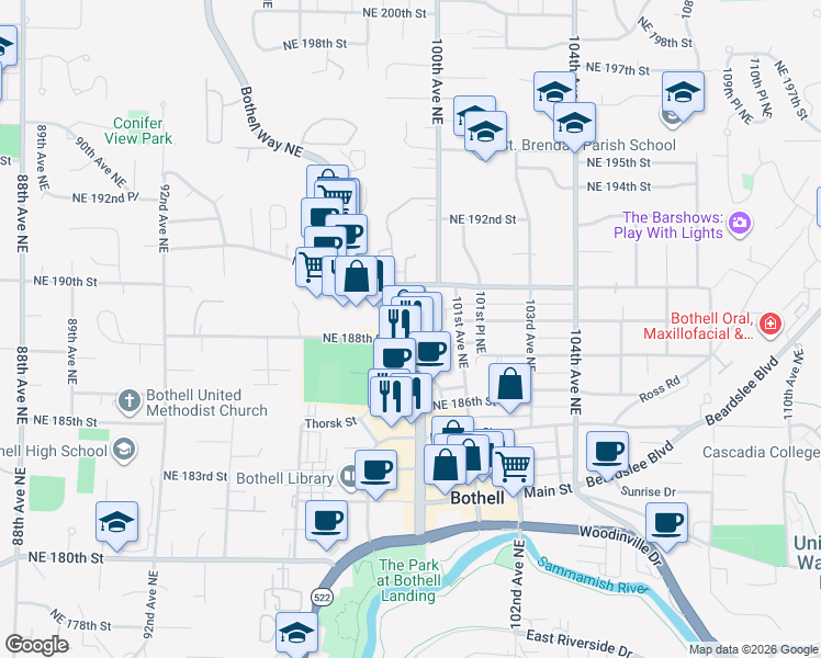 map of restaurants, bars, coffee shops, grocery stores, and more near 18806 Bothell Way Northeast in Bothell