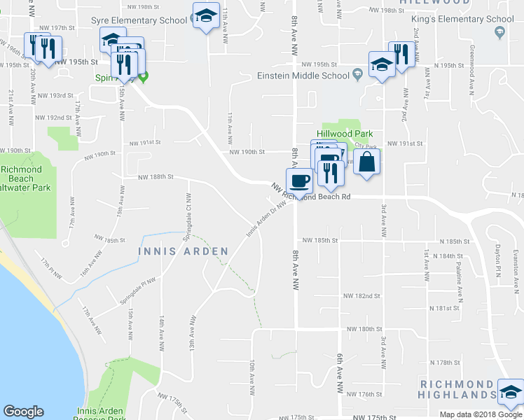 map of restaurants, bars, coffee shops, grocery stores, and more near 838 Northwest Innis Arden Drive in Shoreline