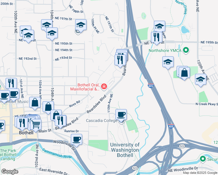 map of restaurants, bars, coffee shops, grocery stores, and more near 18721 Beardslee Boulevard in Bothell