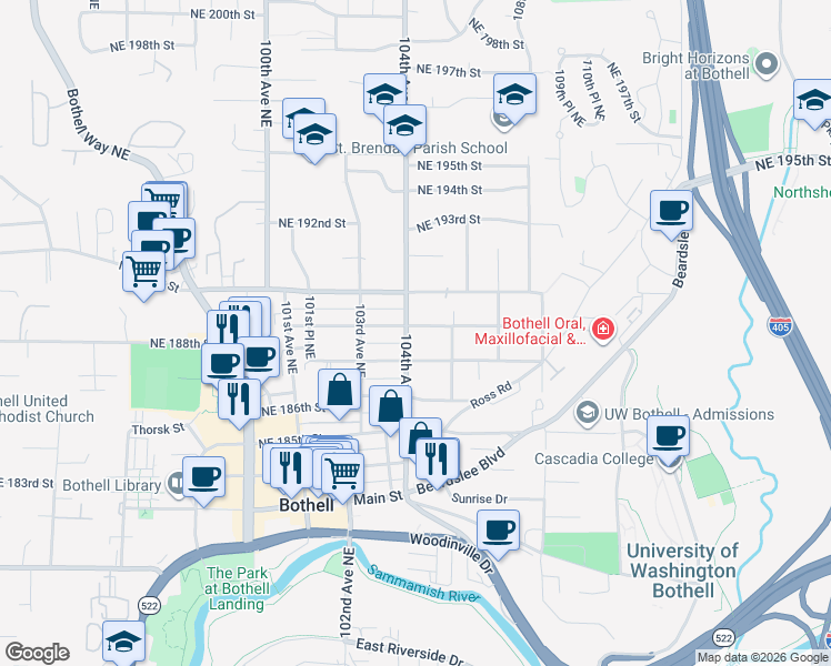 map of restaurants, bars, coffee shops, grocery stores, and more near 10425 Northeast 189th Street in Bothell