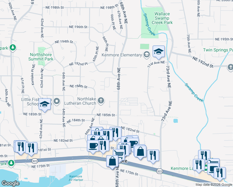 map of restaurants, bars, coffee shops, grocery stores, and more near 18725 68th Avenue Northeast in Kenmore