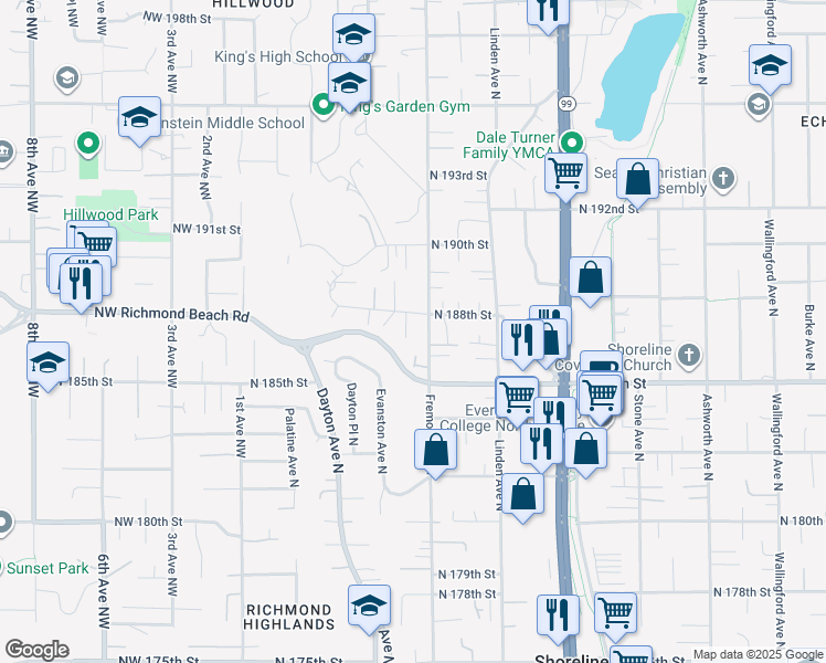 map of restaurants, bars, coffee shops, grocery stores, and more near 537 North 188th Street in Shoreline