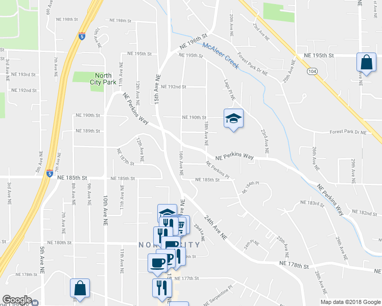 map of restaurants, bars, coffee shops, grocery stores, and more near 1615 Northeast Perkins Way in Shoreline