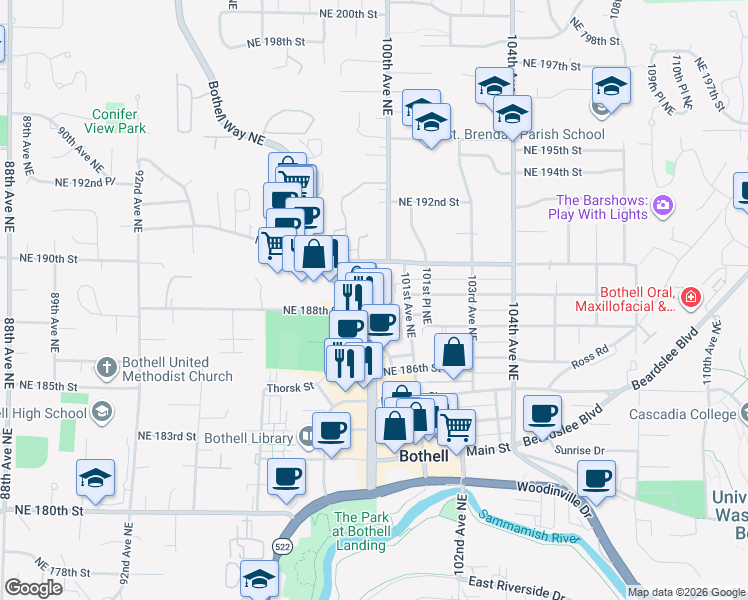 map of restaurants, bars, coffee shops, grocery stores, and more near 18806 Bothell Way Northeast in Bothell