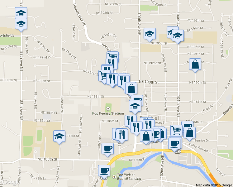 map of restaurants, bars, coffee shops, grocery stores, and more near 18811 Bothell Way Northeast in Bothell