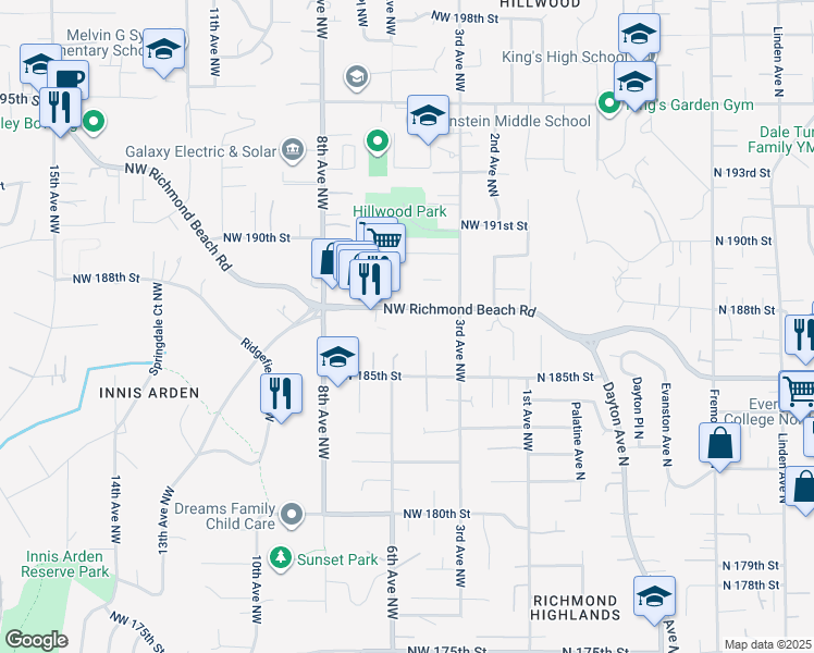 map of restaurants, bars, coffee shops, grocery stores, and more near 357 Northwest Richmond Beach Road in Seattle