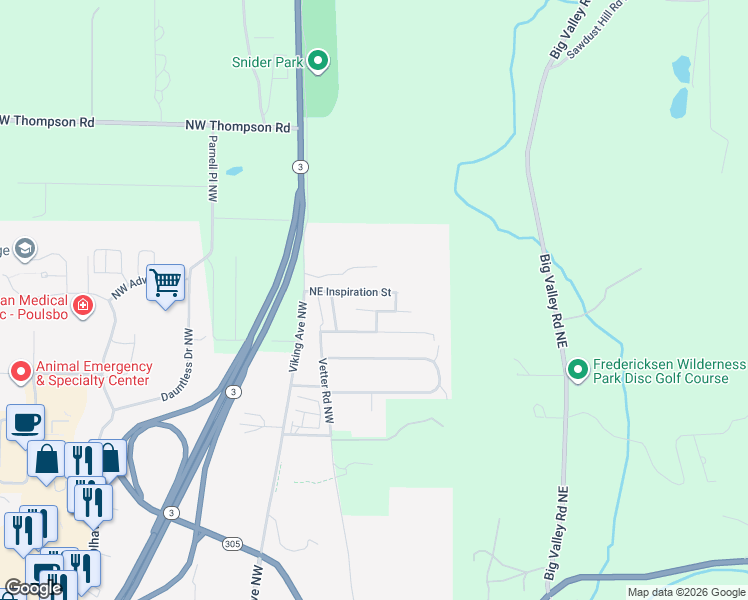 map of restaurants, bars, coffee shops, grocery stores, and more near 402 Northeast Inspiration Street in Poulsbo