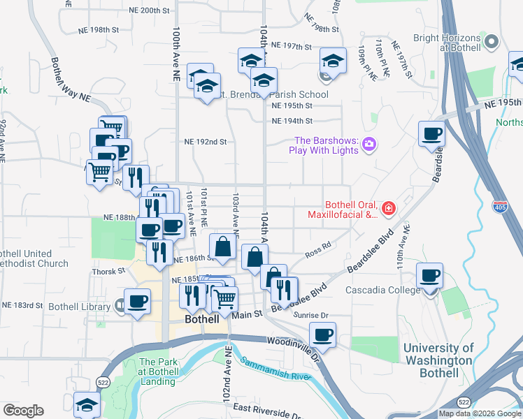 map of restaurants, bars, coffee shops, grocery stores, and more near 10325 Northeast 189th Street in Bothell