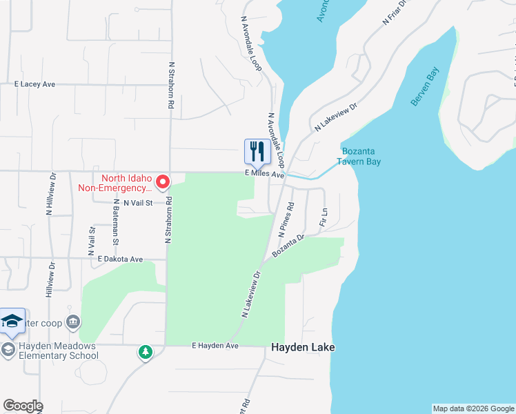 map of restaurants, bars, coffee shops, grocery stores, and more near 1680 East Club Lane in Hayden Lake