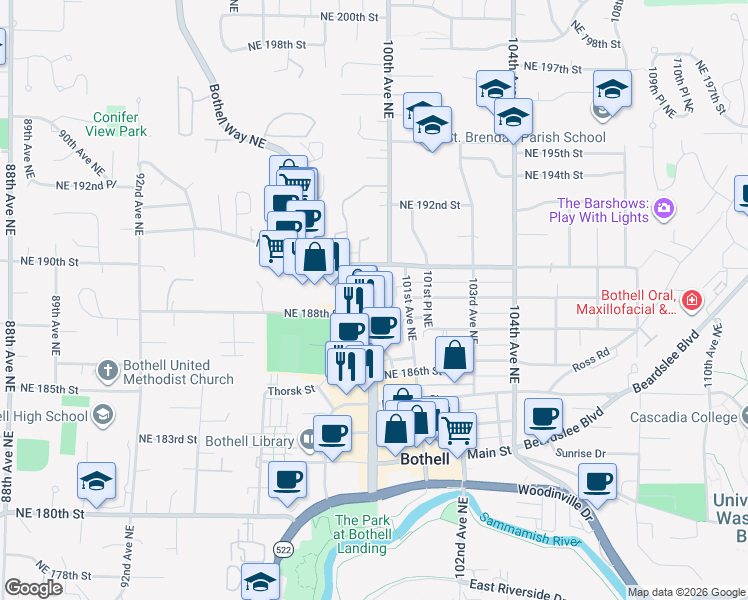 map of restaurants, bars, coffee shops, grocery stores, and more near 18806 Bothell Way Northeast in Bothell