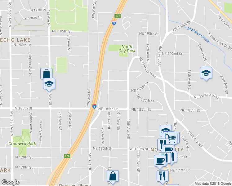 map of restaurants, bars, coffee shops, grocery stores, and more near 823 Northeast 188th Street in Shoreline