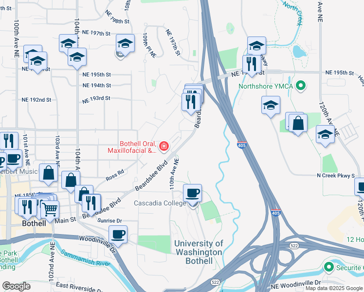 map of restaurants, bars, coffee shops, grocery stores, and more near 18721 Beardslee Boulevard in Bothell