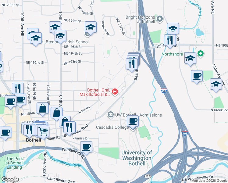 map of restaurants, bars, coffee shops, grocery stores, and more near 10916 Northeast 189th Street in Bothell