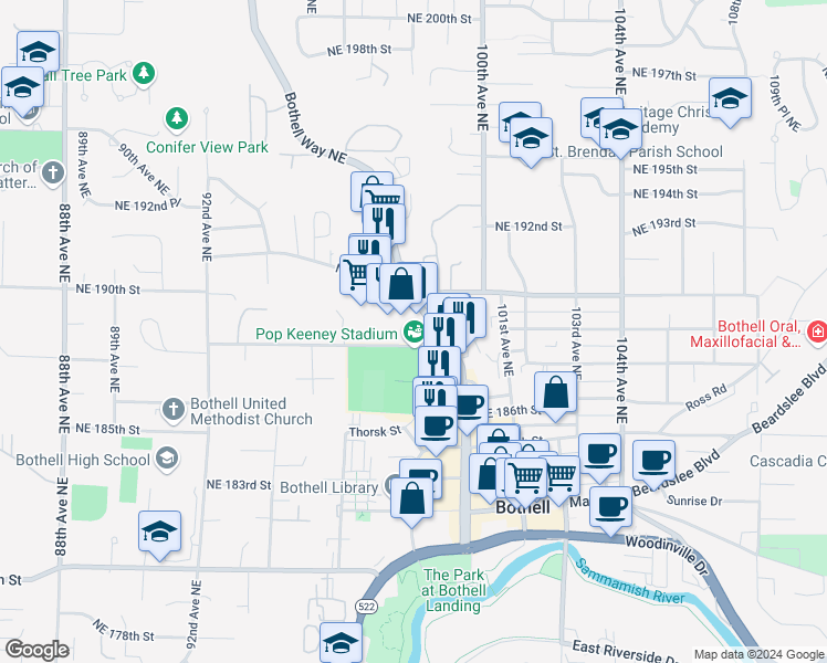 map of restaurants, bars, coffee shops, grocery stores, and more near 18811 Bothell Way Northeast in Bothell