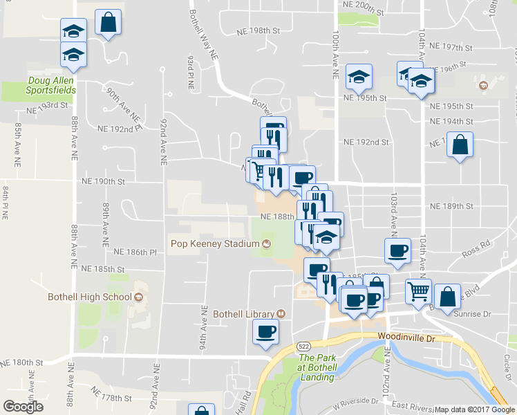 map of restaurants, bars, coffee shops, grocery stores, and more near 9532 Northeast 188th Street in Bothell