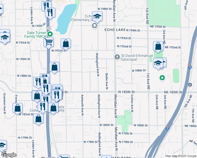map of restaurants, bars, coffee shops, grocery stores, and more near 18541 Wallingford Avenue North in Shoreline