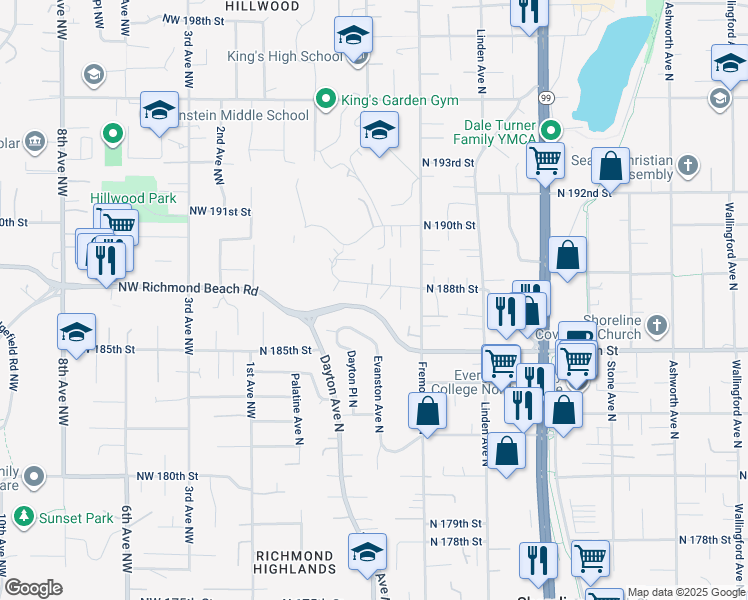map of restaurants, bars, coffee shops, grocery stores, and more near 18750 Dayton Place North in Shoreline