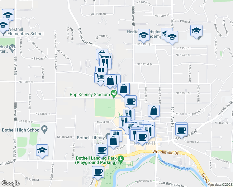 map of restaurants, bars, coffee shops, grocery stores, and more near 18811 Bothell Way Northeast in Bothell